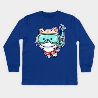 Cute Cat Snorkeling Kids Long Sleeve T-Shirt